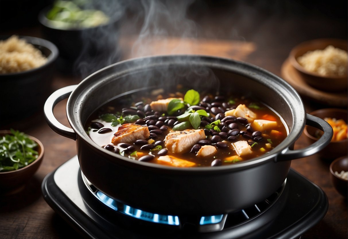 A pot simmers on a stove, filled with rich, aromatic Chinese black bean chicken soup. Ingredients like tender chicken, earthy black beans, and fragrant herbs float in the flavorful broth