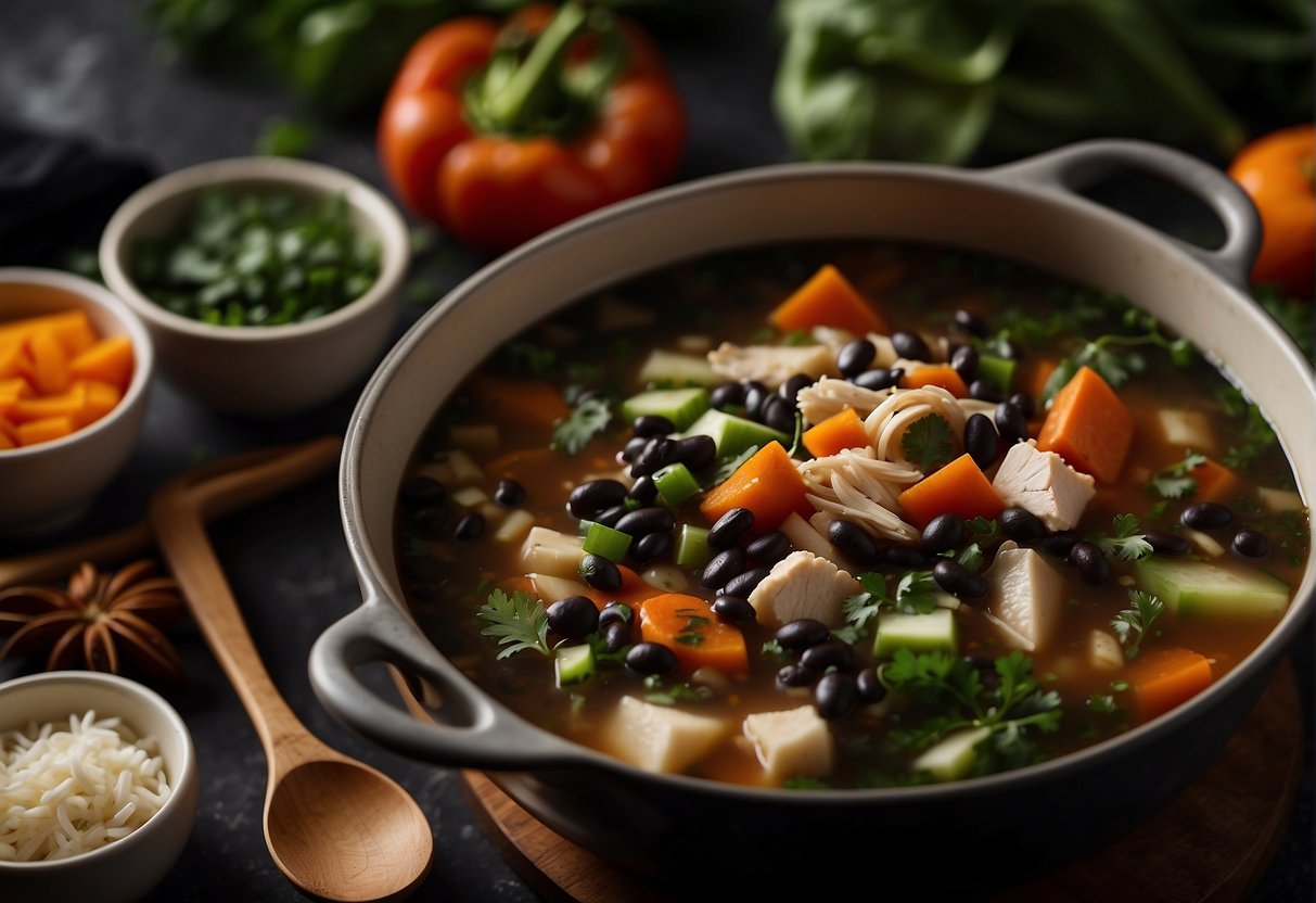 Chopping vegetables, simmering chicken in broth, adding black beans and spices, creating a flavorful Chinese black bean chicken soup