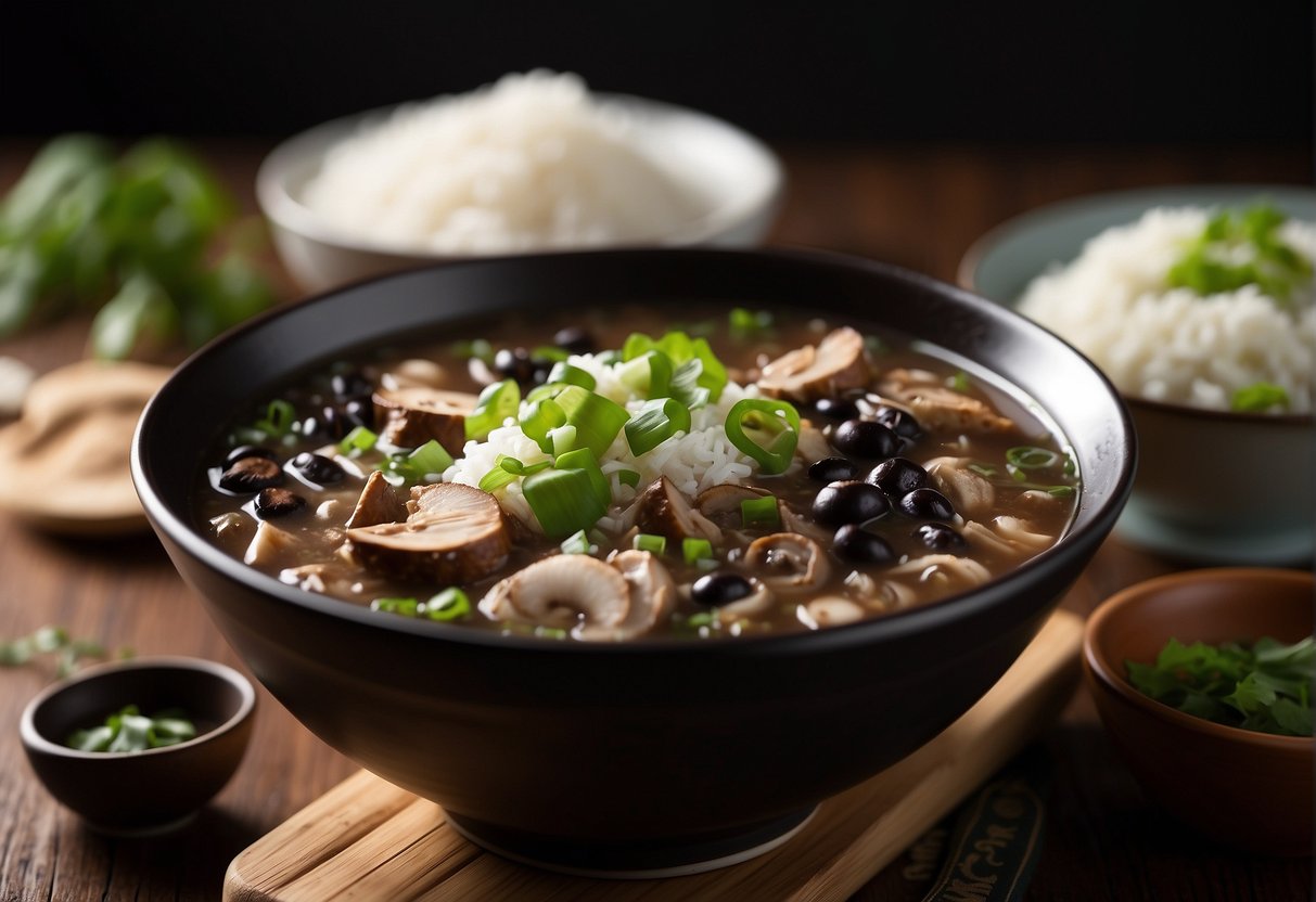 A steaming bowl of Chinese black bean chicken soup with green onions and mushrooms, served with a side of steamed white rice