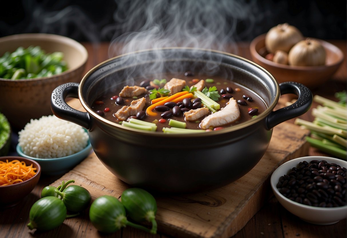 A steaming pot of Chinese black bean chicken soup surrounded by traditional ingredients and cooking utensils