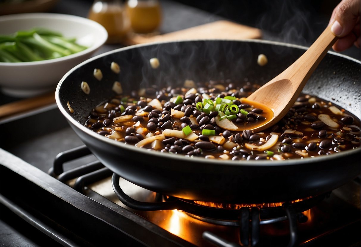 A wok sizzles as black bean sauce simmers with garlic, ginger, and fermented black beans. Green onions and soy sauce are added for depth of flavor