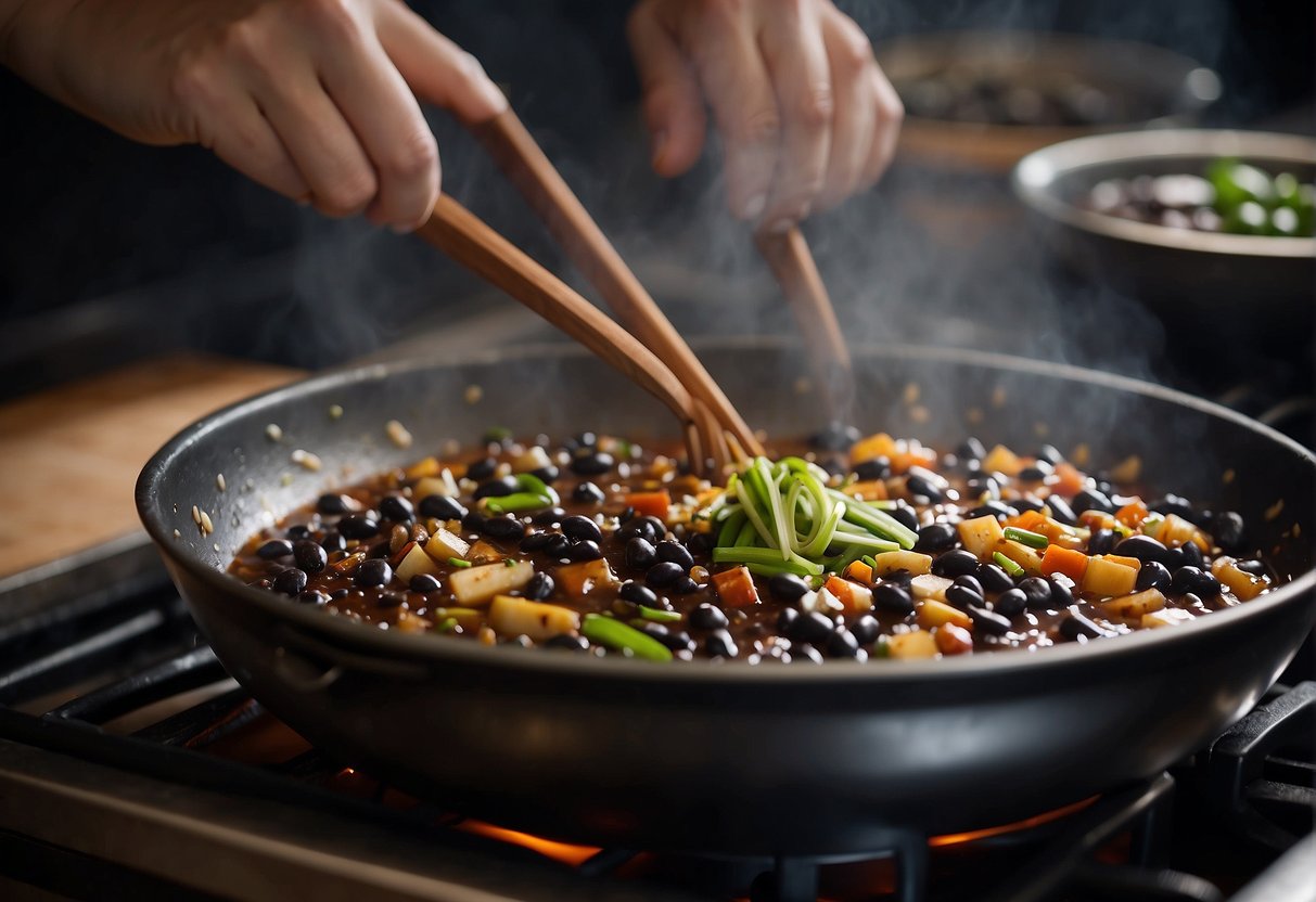 A wok sizzles as black bean sauce is stirred in. Ginger, garlic, and fermented black beans fill the air with rich aroma