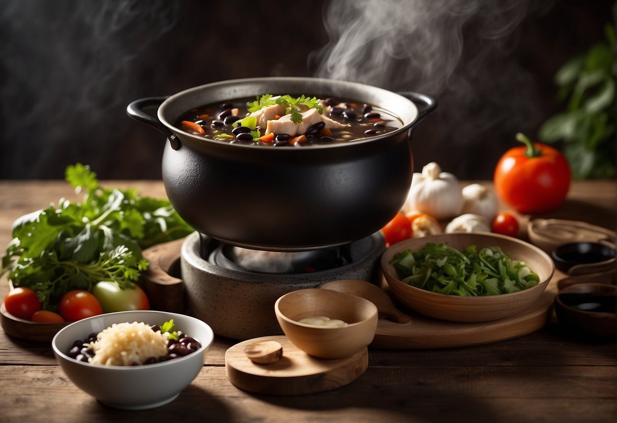 A steaming pot of Chinese black bean chicken soup sits on a rustic wooden table, surrounded by fresh ingredients and cooking utensils
