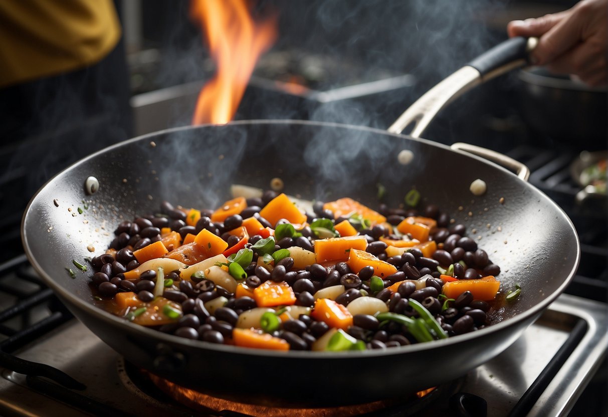 A wok sizzles as black beans and aromatics are sautéed in oil, filling the air with savory, umami-rich aroma