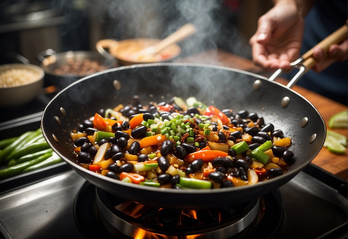 A wok sizzles as black beans, garlic, ginger, and chili paste are stir-fried in oil. Soy sauce and sugar are added, creating a glossy, fragrant sauce