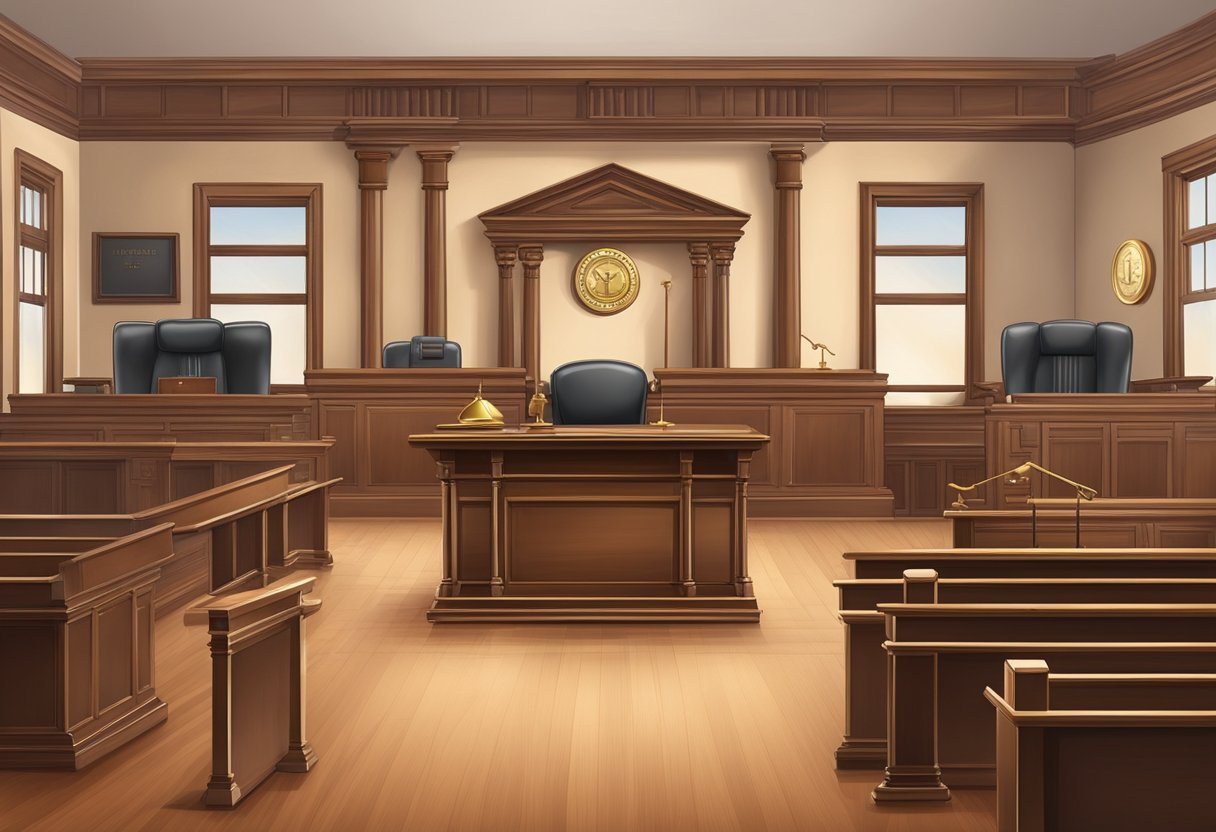 A courtroom with a judge's bench, witness stand, jury box, and gallery. Law books, gavel, and scales of justice on display