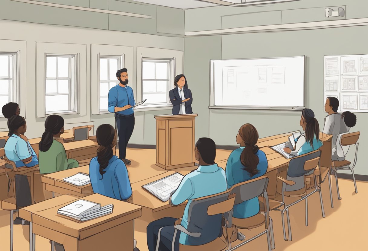 A classroom setting with a whiteboard, desks, and a podium. A group of students listening to a criminal justice instructor giving a lecture