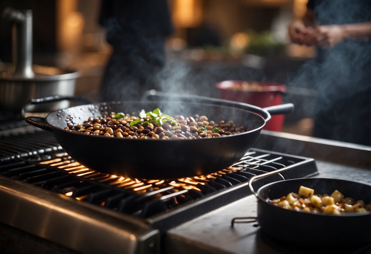 A wok sizzles with sautéed garlic, ginger, and fermented black beans, creating a fragrant Chinese black bean sauce. Ingredients like soy sauce and sugar sit nearby, ready to be added for the perfect balance of flavors