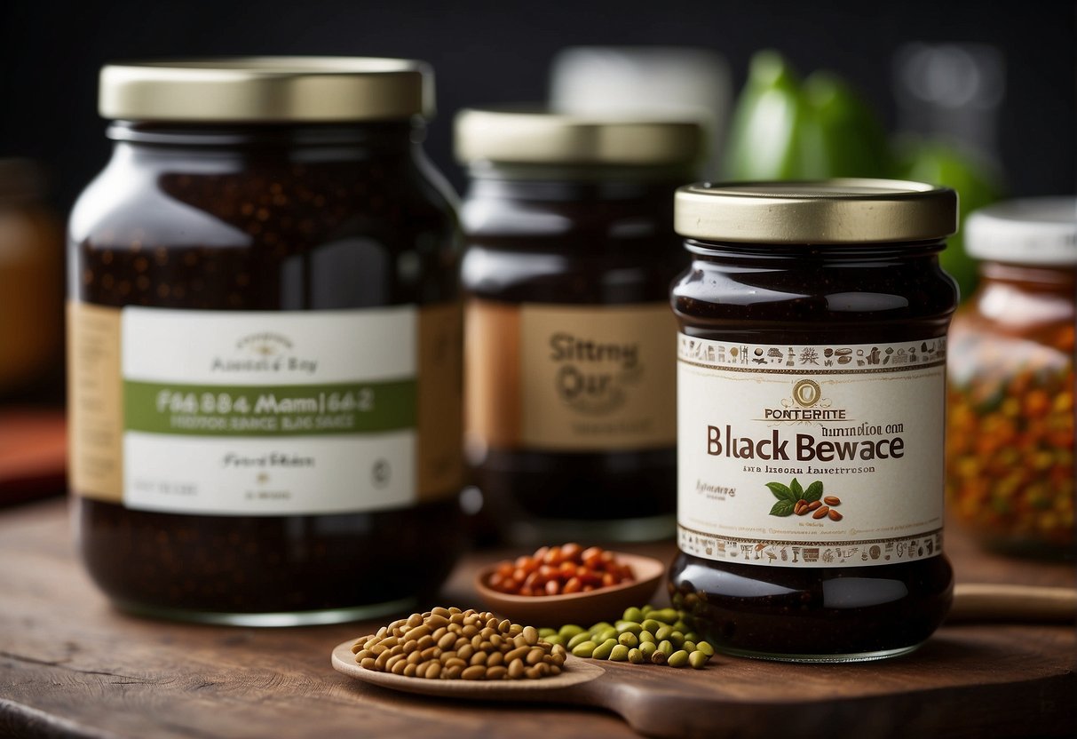 A jar of homemade black bean sauce sits on a kitchen shelf, surrounded by various spices and ingredients. The label reads "Storing and Preserving Black Bean Sauce."