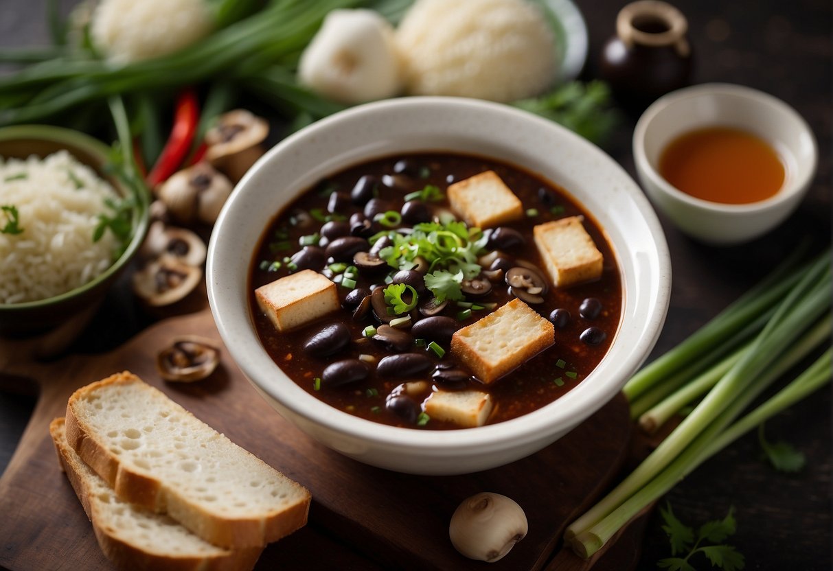A simmering pot of Chinese black bean soup with tofu, mushrooms, and green onions, surrounded by traditional Chinese cooking ingredients