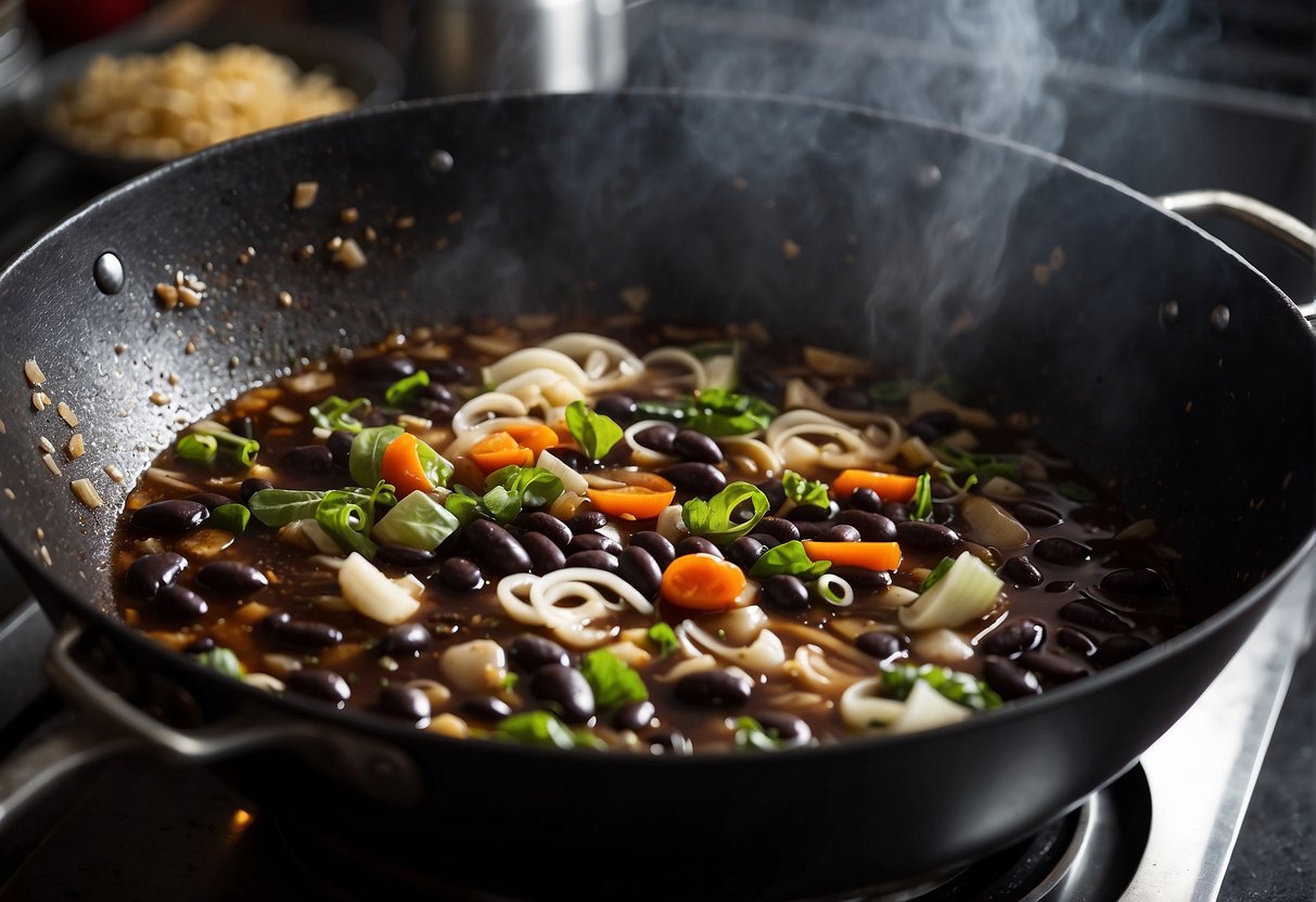 A wok sizzles as black bean sauce simmers. Ingredients like garlic, ginger, and fermented black beans sit nearby. Steam rises, filling the kitchen