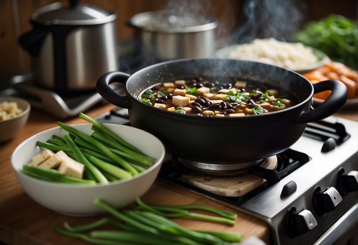 A pot simmering on a stove with Chinese black beans, ginger, garlic, and broth. A bowl of green onions, tofu, and mushrooms nearby for substitution