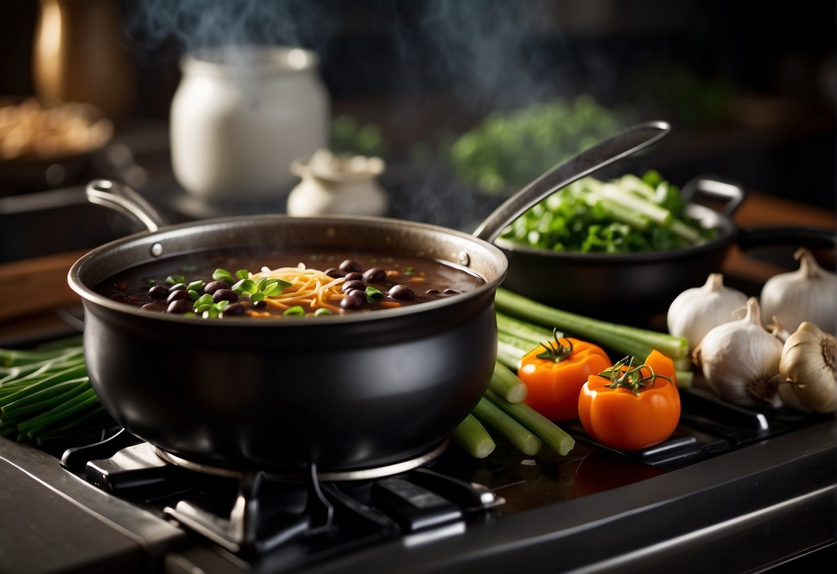 A pot simmers on the stove, filled with Chinese black bean soup. Ingredients surround the pot, including ginger, garlic, and green onions. A ladle rests on the edge of the pot