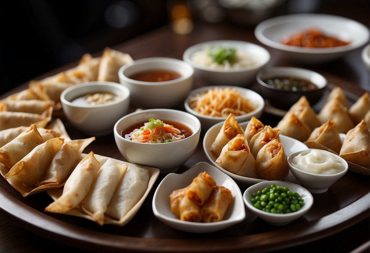 A table spread with various Chinese appetizers, including dumplings, spring rolls, and wontons, arranged neatly on serving platters. Soy sauce and dipping sauces in small bowls are placed alongside the appetizers