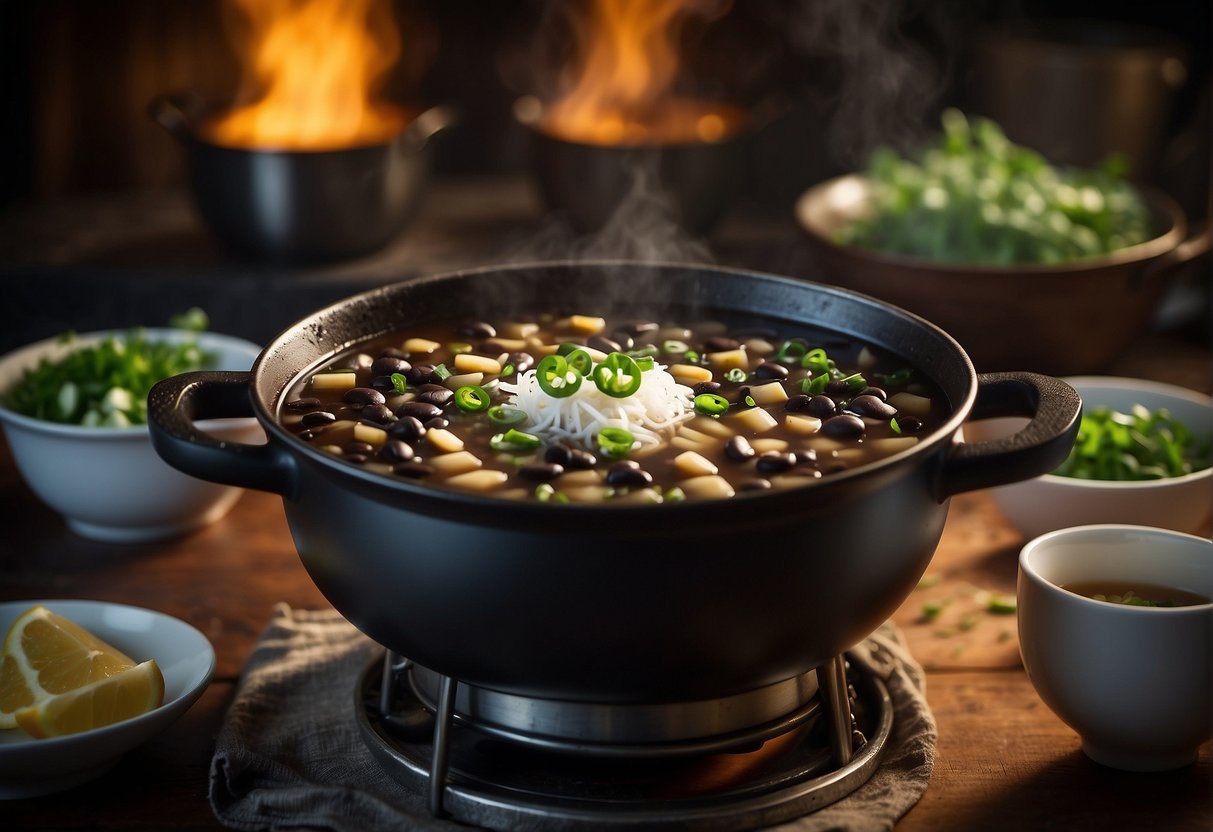 Black beans simmer in broth with ginger, garlic, and green onions. Steam rises from the pot as the soup cooks on the stove