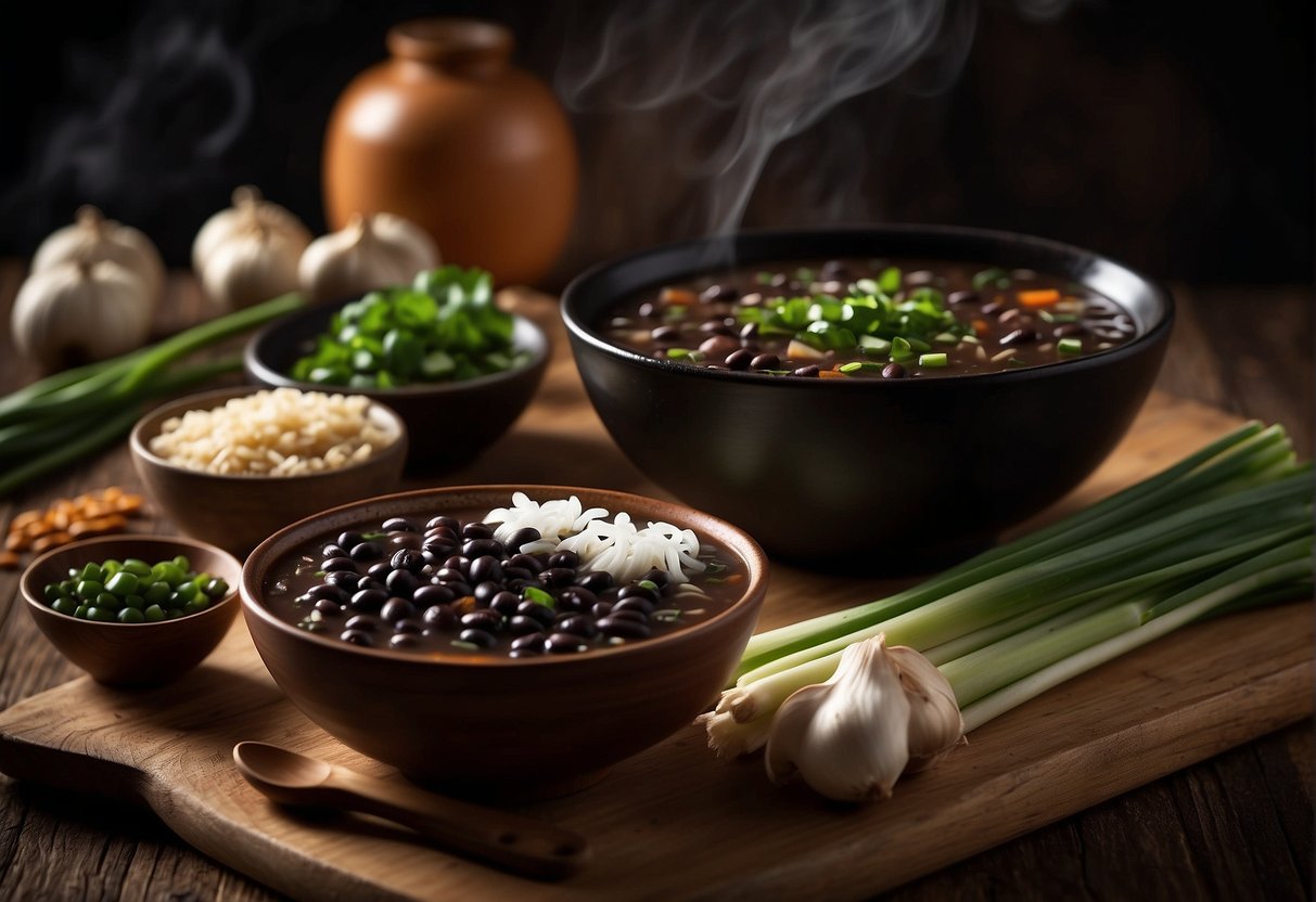 A steaming bowl of Chinese black bean soup sits on a wooden table, surrounded by ingredients like black beans, ginger, and green onions. A nutrition label displays the soup's nutritional information