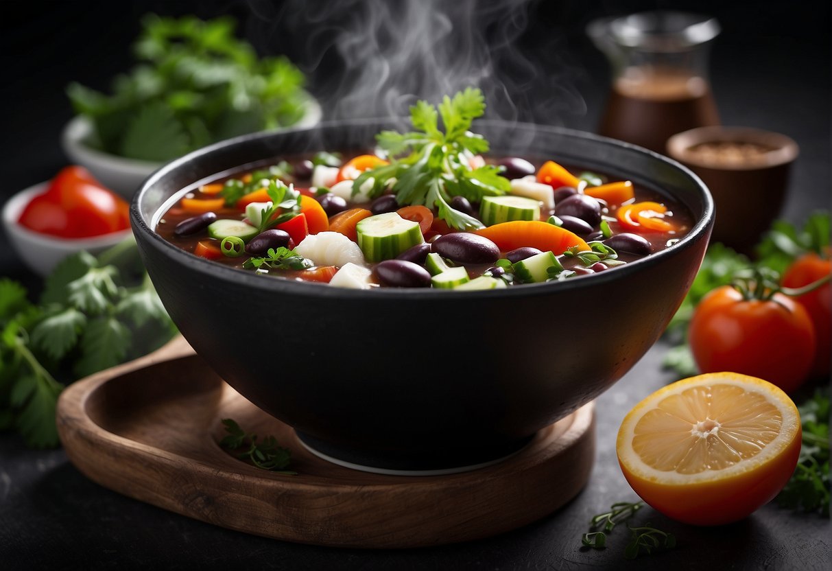 A steaming bowl of Chinese black bean soup surrounded by a colorful array of fresh vegetables and herbs