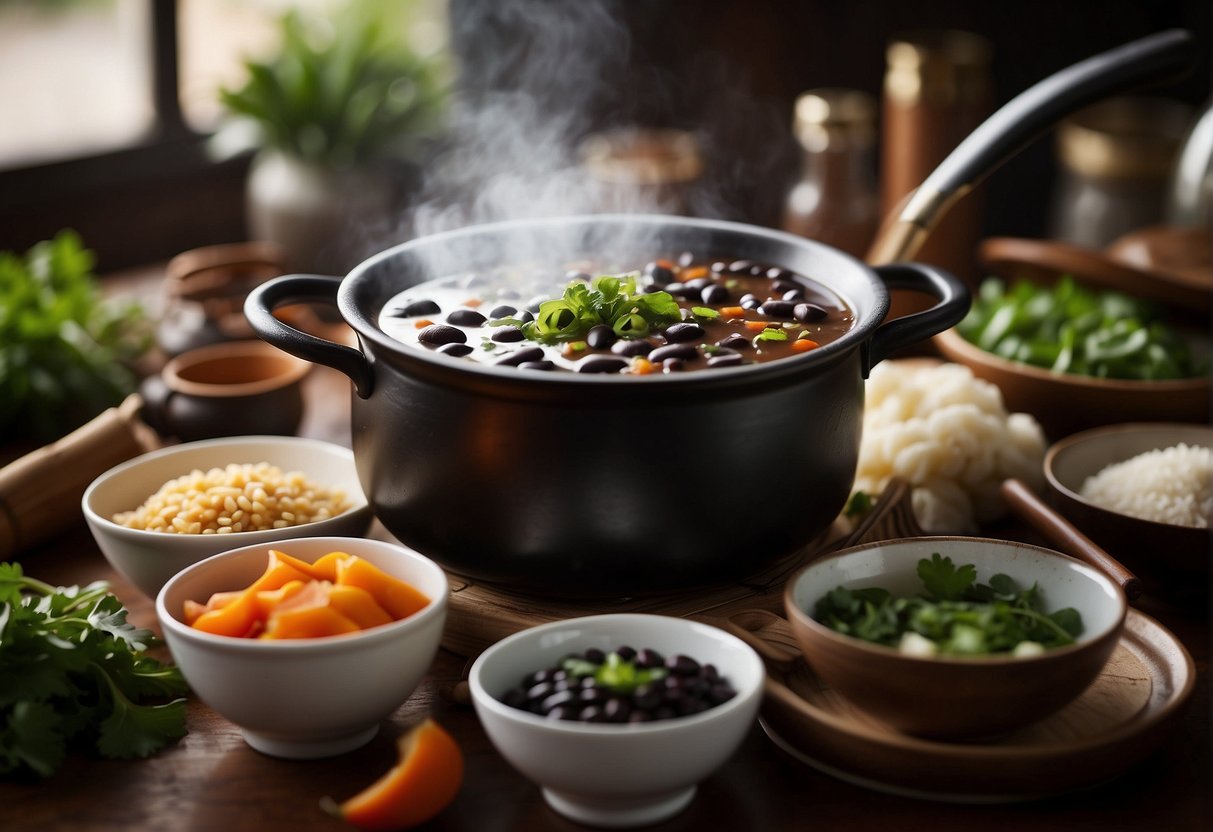 A steaming pot of Chinese black bean soup surrounded by various ingredients and cooking utensils on a kitchen counter