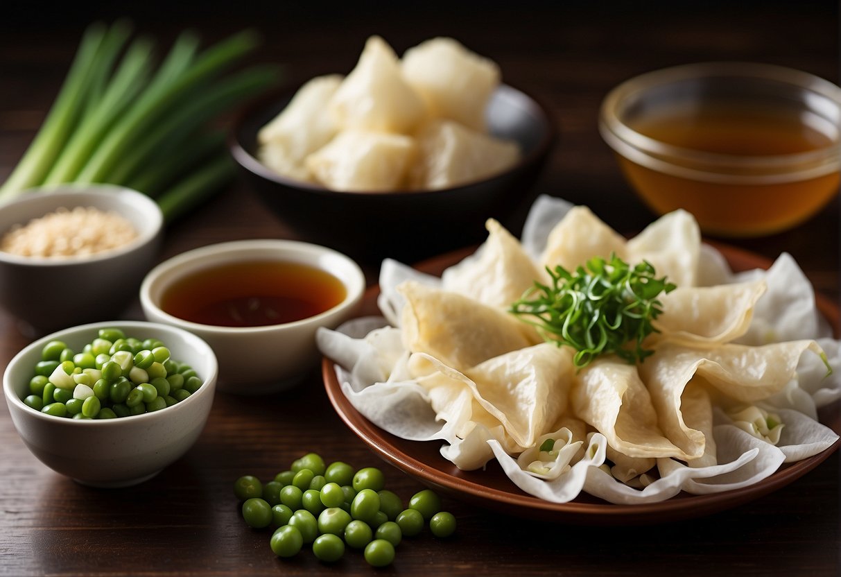 Various Chinese appetizer ingredients: soy sauce, ginger, garlic, green onions, sesame oil, rice vinegar, and wonton wrappers
