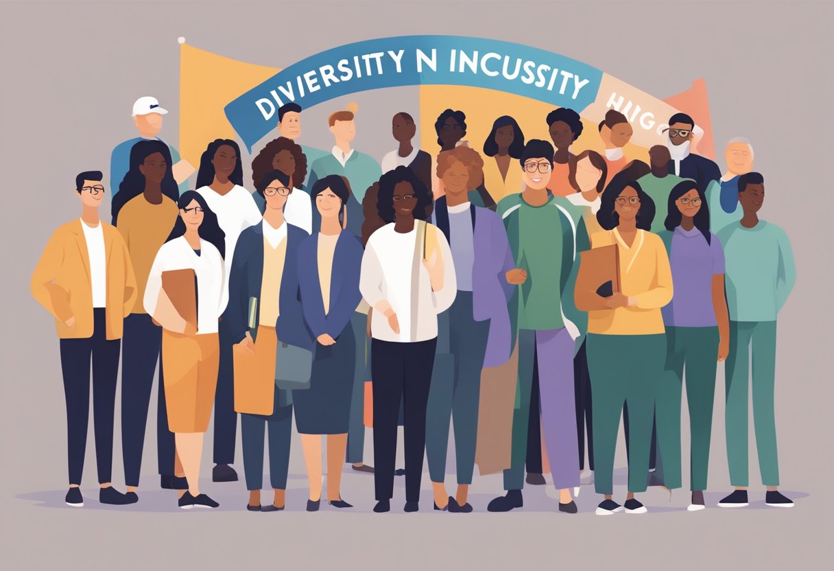 A diverse group of instructors stand together, representing various backgrounds and cultures, with a banner reading "Diversity and Inclusivity in Hiring" displayed prominently