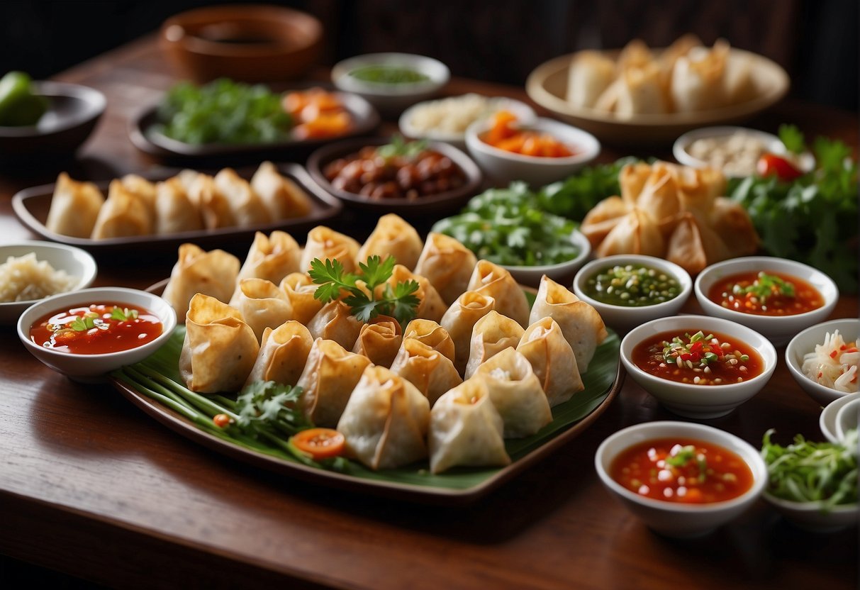 A table is set with an array of popular Chinese appetizers, including dumplings, spring rolls, and wontons. The dishes are arranged neatly on small plates, garnished with fresh herbs and served with dipping sauces
