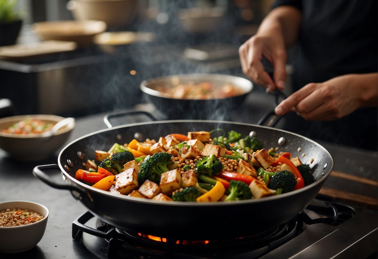 A wok sizzles with stir-fried vegetables and tofu. A chef adds a dash of soy sauce and sprinkles of sesame seeds