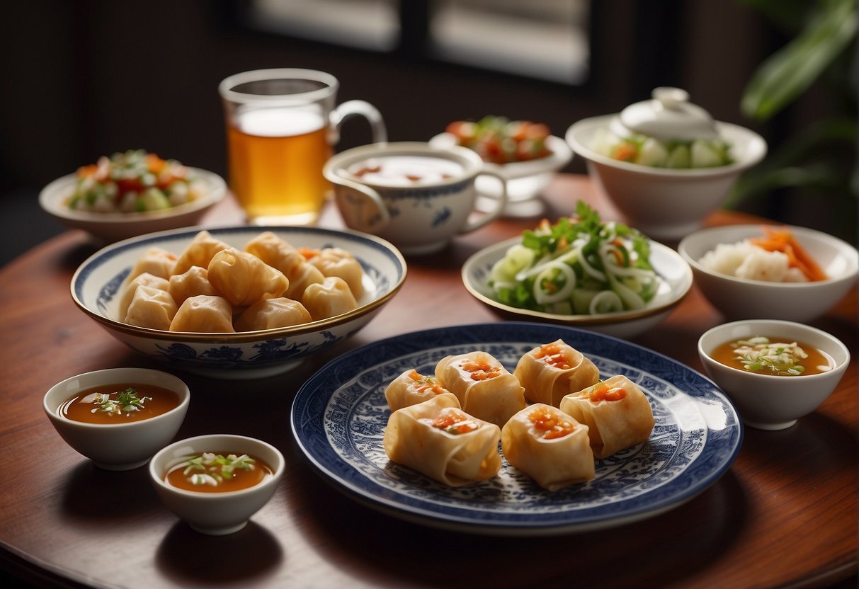 A table set with various Chinese appetizers, including spring rolls, dumplings, and skewers. A pot of dipping sauce and a selection of tea cups nearby