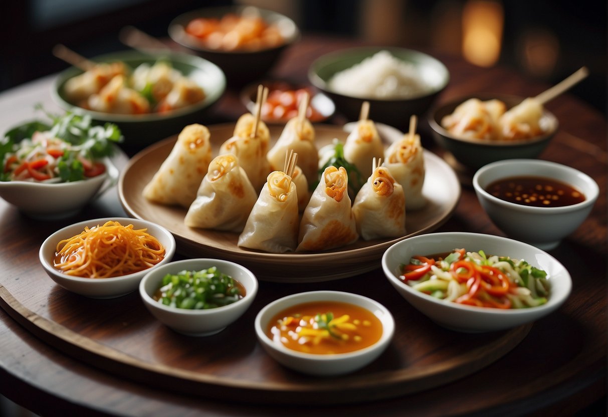 A table spread with colorful Chinese appetizers, including dumplings, spring rolls, and skewers, accompanied by a variety of dipping sauces