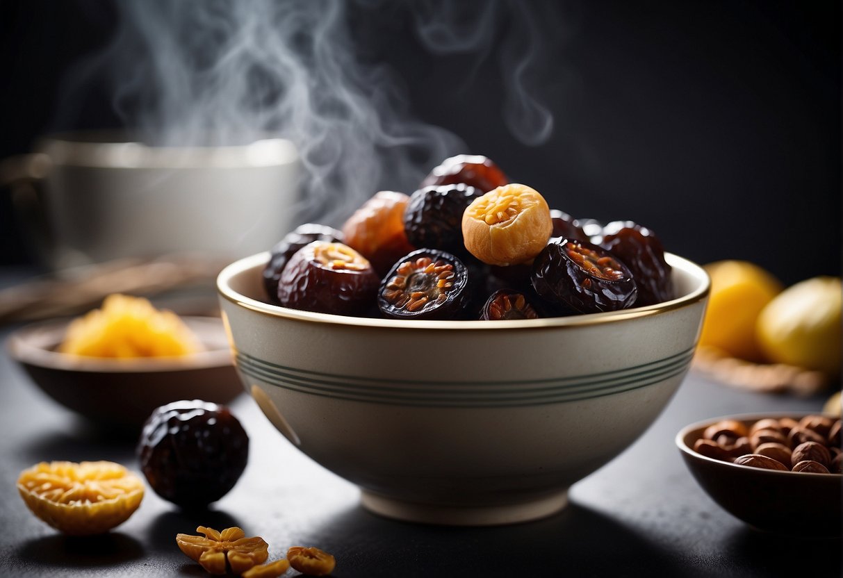 A bowl of Chinese black dates surrounded by ingredients like ginger, goji berries, and rock sugar, with steam rising from a simmering pot