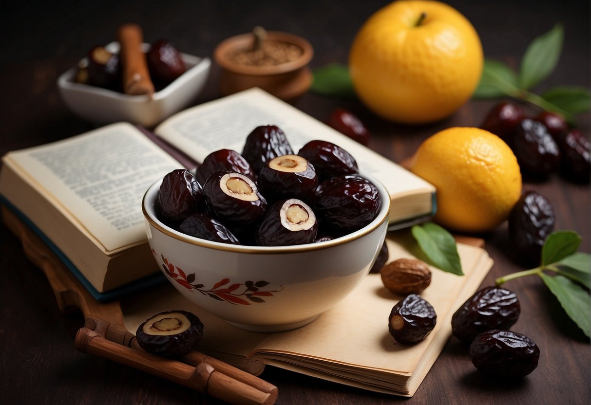A bowl of Chinese black dates surrounded by fresh ingredients and a recipe book open to a page on the health benefits of the fruit