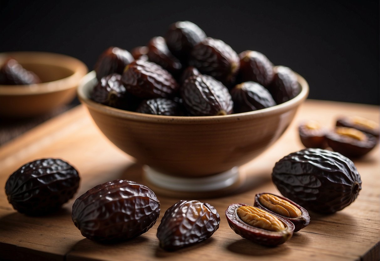 A hand reaches for a bowl of Chinese black dates, while another hand carefully stores them in an airtight container. The dates are arranged neatly on a wooden surface, ready to be used in a recipe