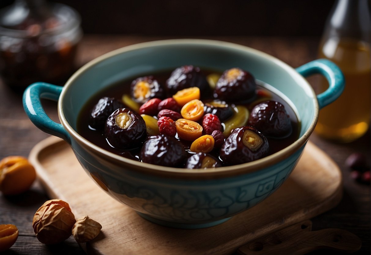 A bowl of Chinese black dates simmering in a pot with ginger, goji berries, and water, creating a fragrant and richly colored broth