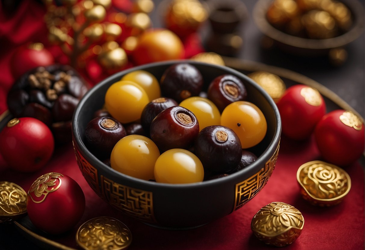 A table adorned with red and gold decorations, featuring a bowl of Chinese black dates surrounded by traditional Chinese New Year symbols