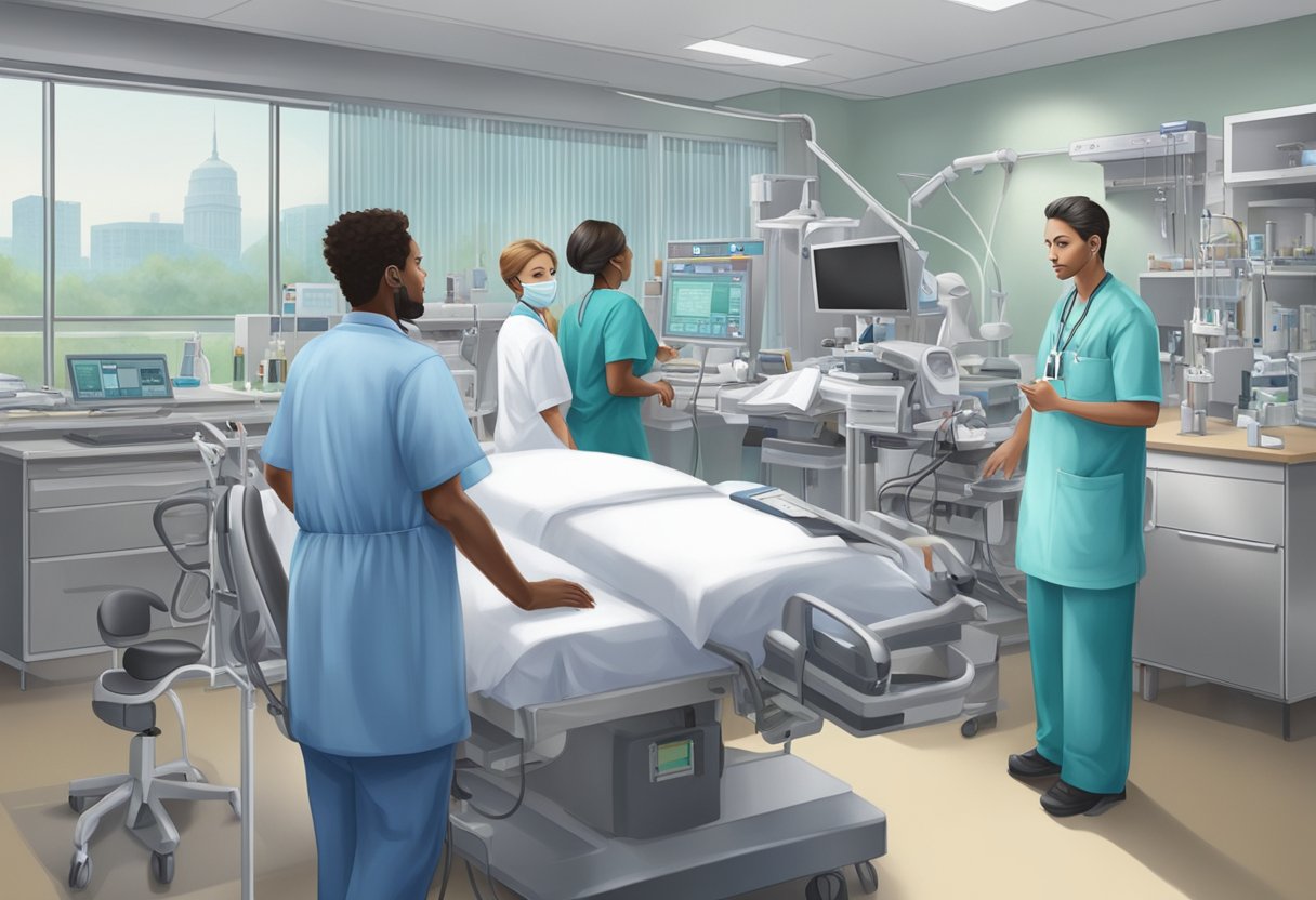 A cardiology technician in a hospital setting earns more than one in a private practice. The hospital scene shows busy medical professionals and advanced equipment