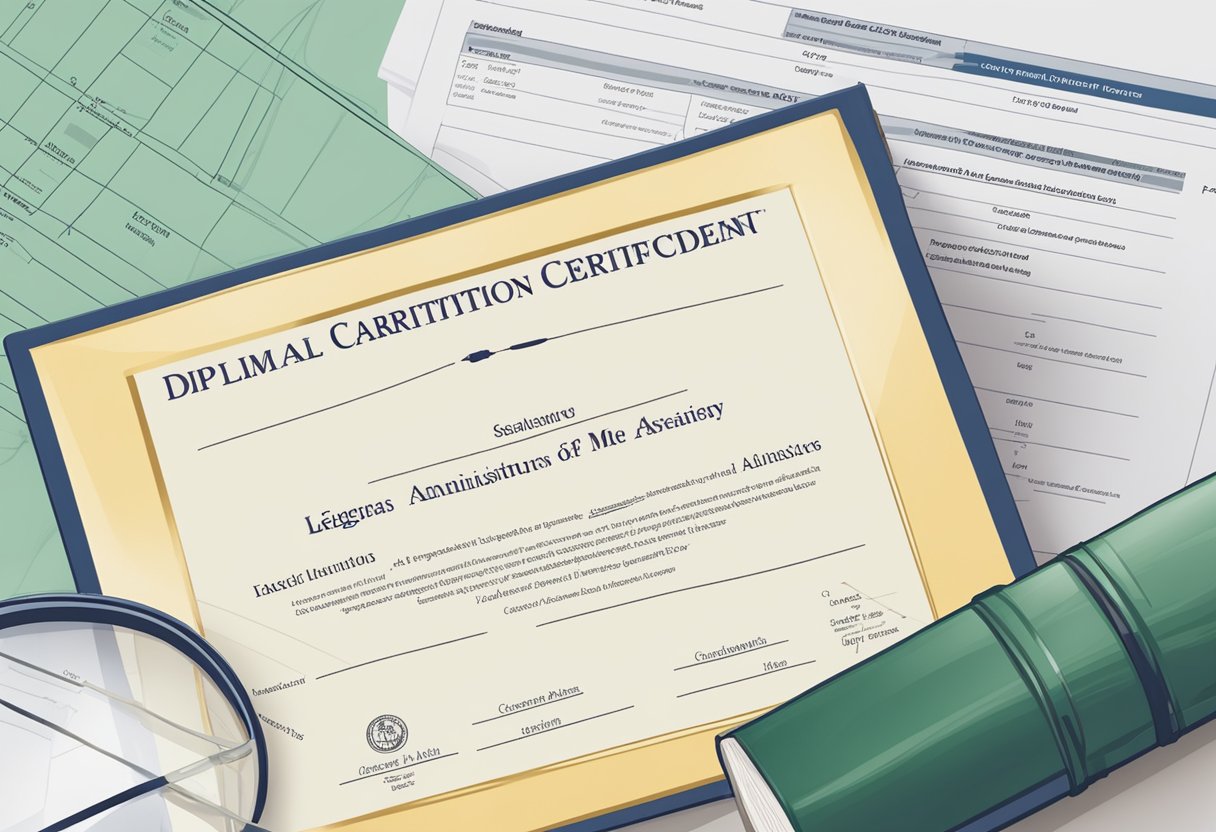 A diploma and certification displayed next to a salary chart for legal administrators