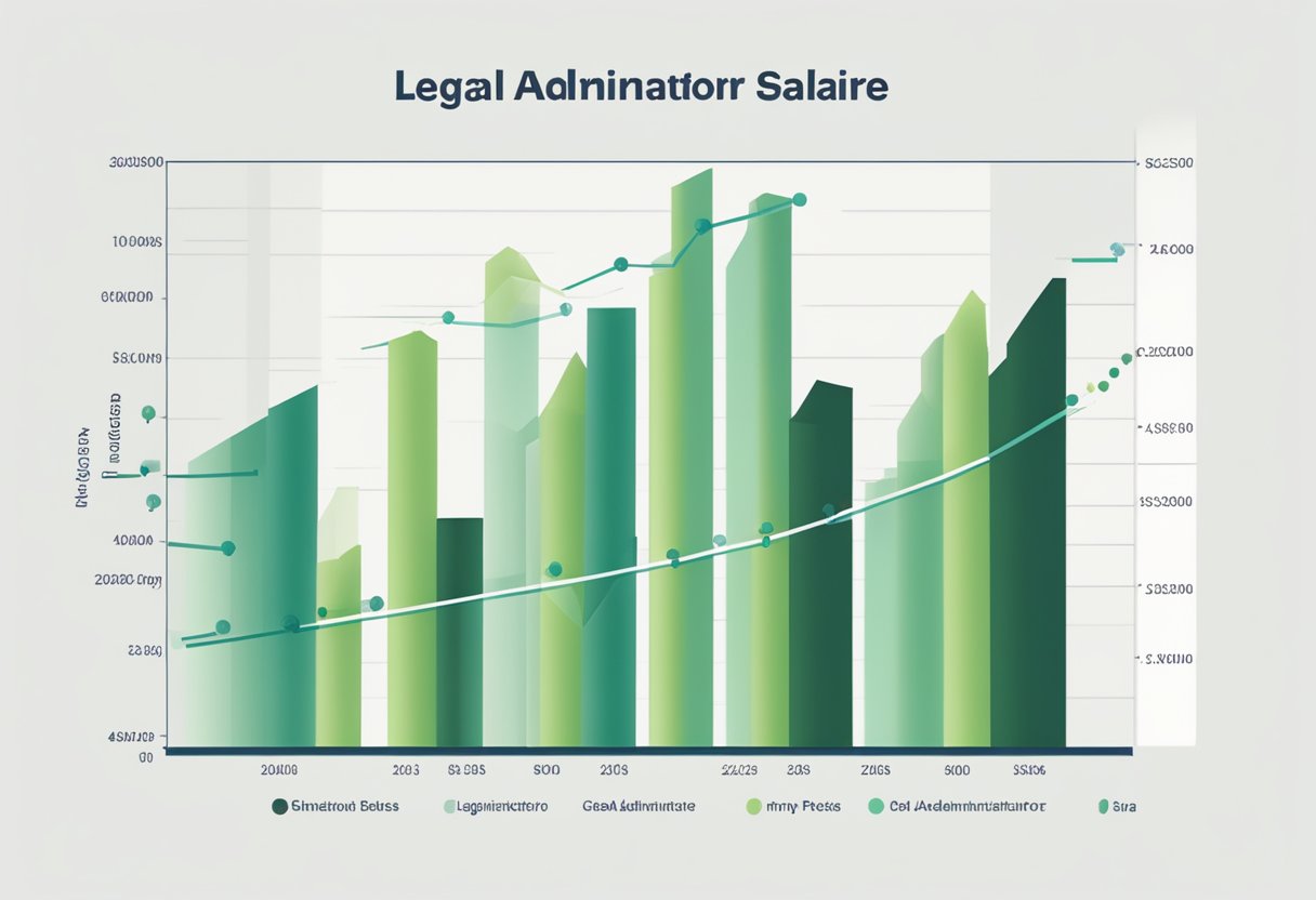 A bar graph displaying the rising trend of legal administrator salaries over time, with real-time data points plotted along the x-axis