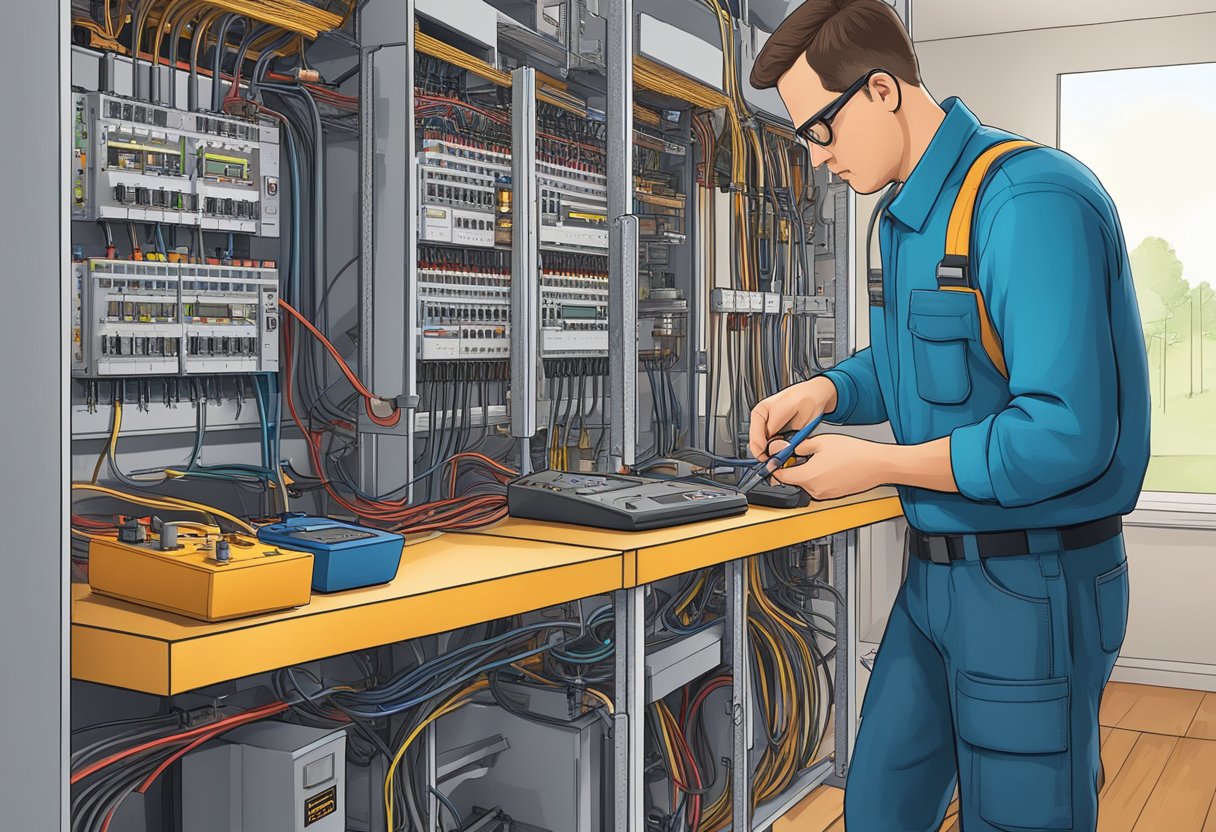 An electrician inspects wiring with a voltage tester, ensuring code compliance and electrical safety in a residential setting