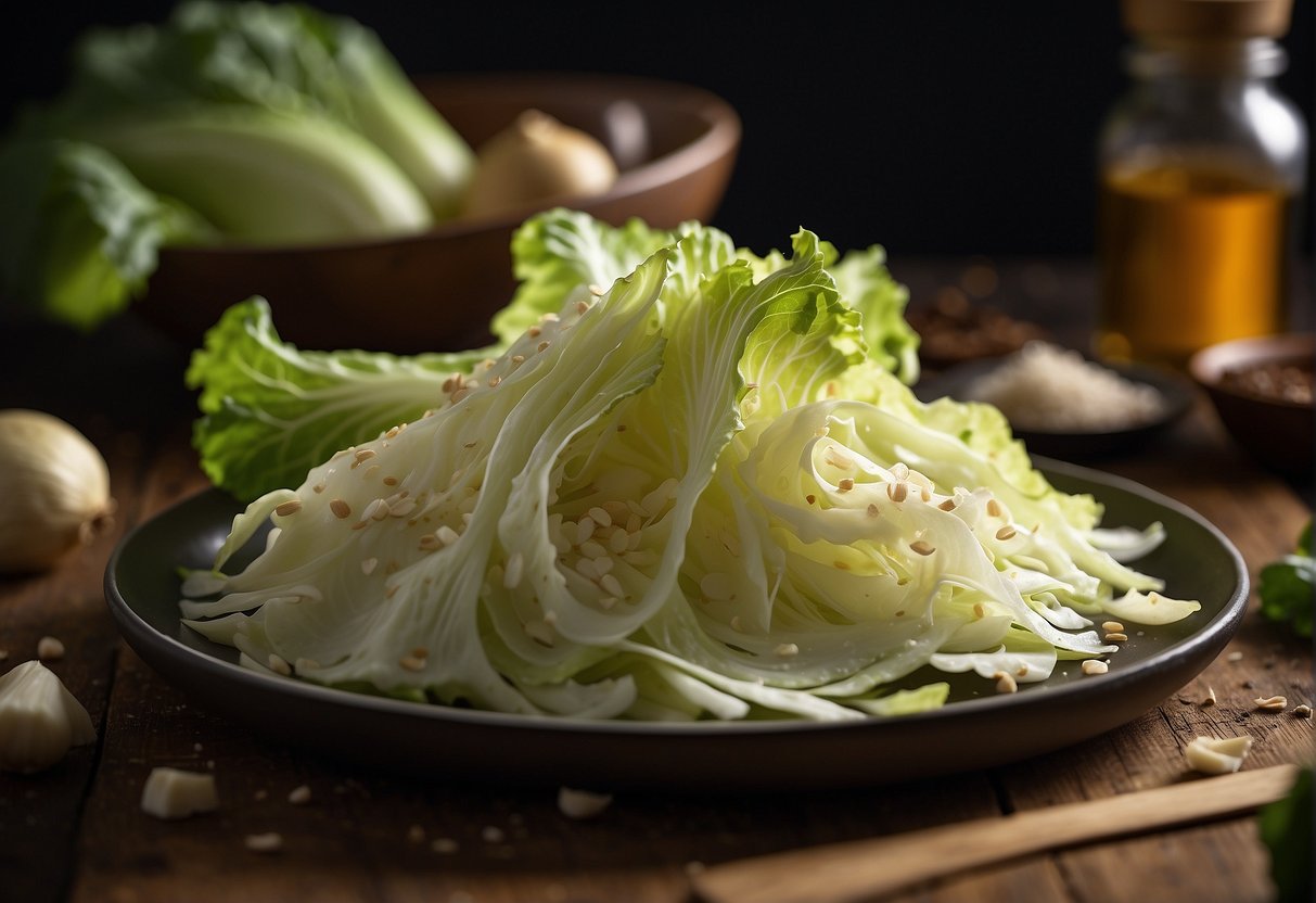 Chinese cabbage being sliced, garlic being minced, and ginger being grated. Soy sauce and sesame oil being drizzled over the cabbage