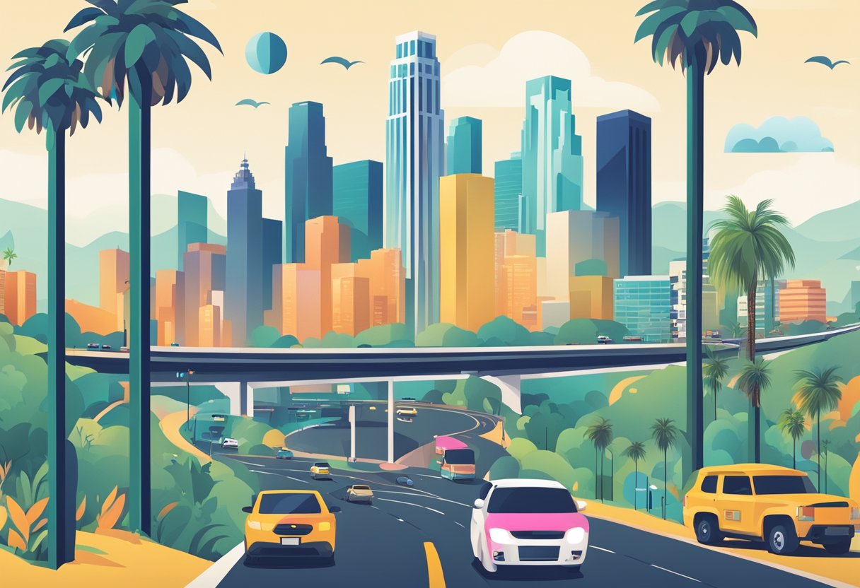 The Los Angeles SEO landscape: skyline with digital marketing logos, traffic, and palm trees