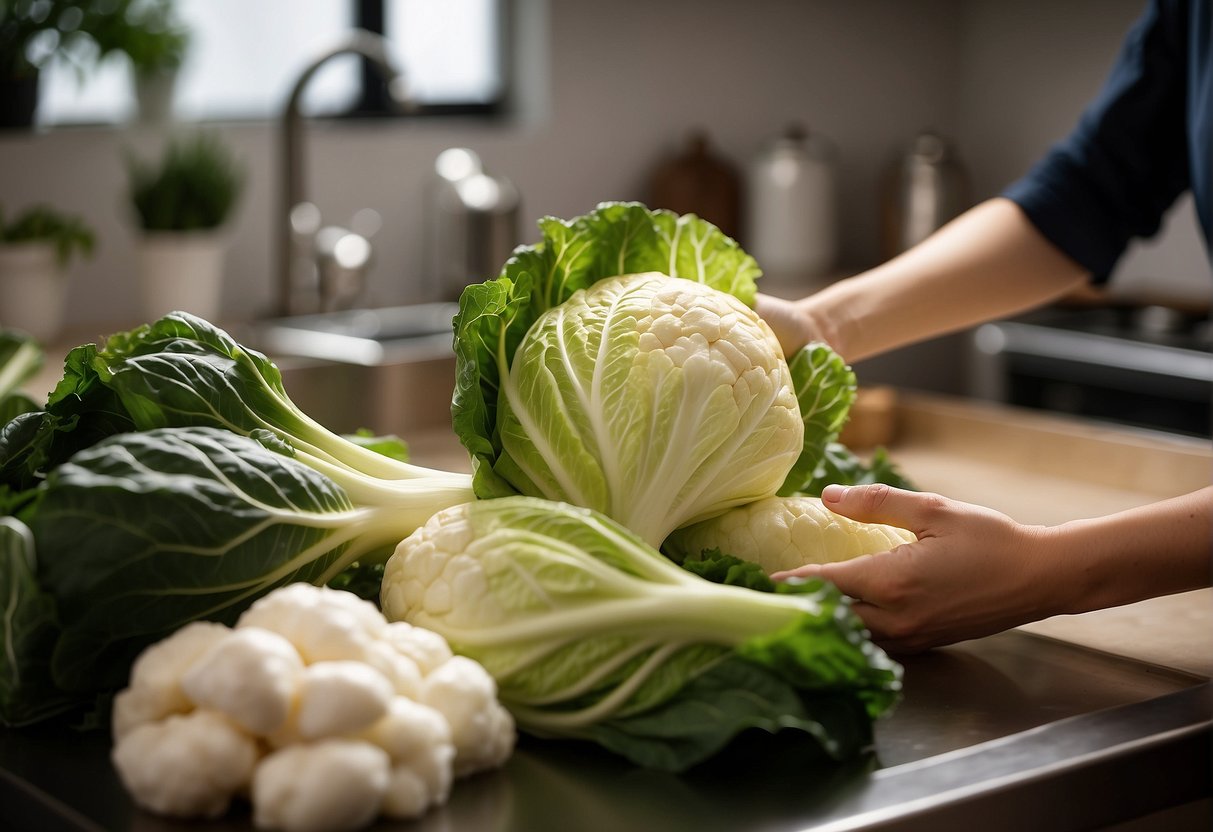 A hand reaching for fresh Chinese cabbage, surrounded by ginger, garlic, and soy sauce on a clean kitchen counter