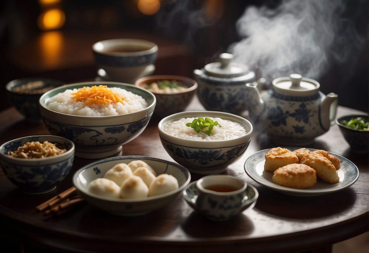 A table set with steaming bowls of congee, savory fried dough sticks, and fragrant tea, surrounded by traditional Chinese breakfast ingredients