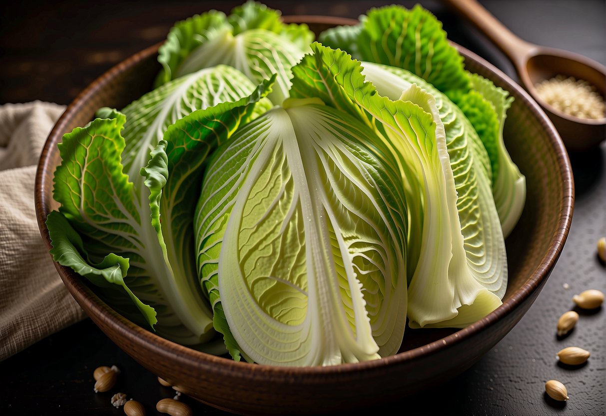 Chinese cabbage being washed, sliced, and seasoned with soy sauce and garlic, ready for cooking