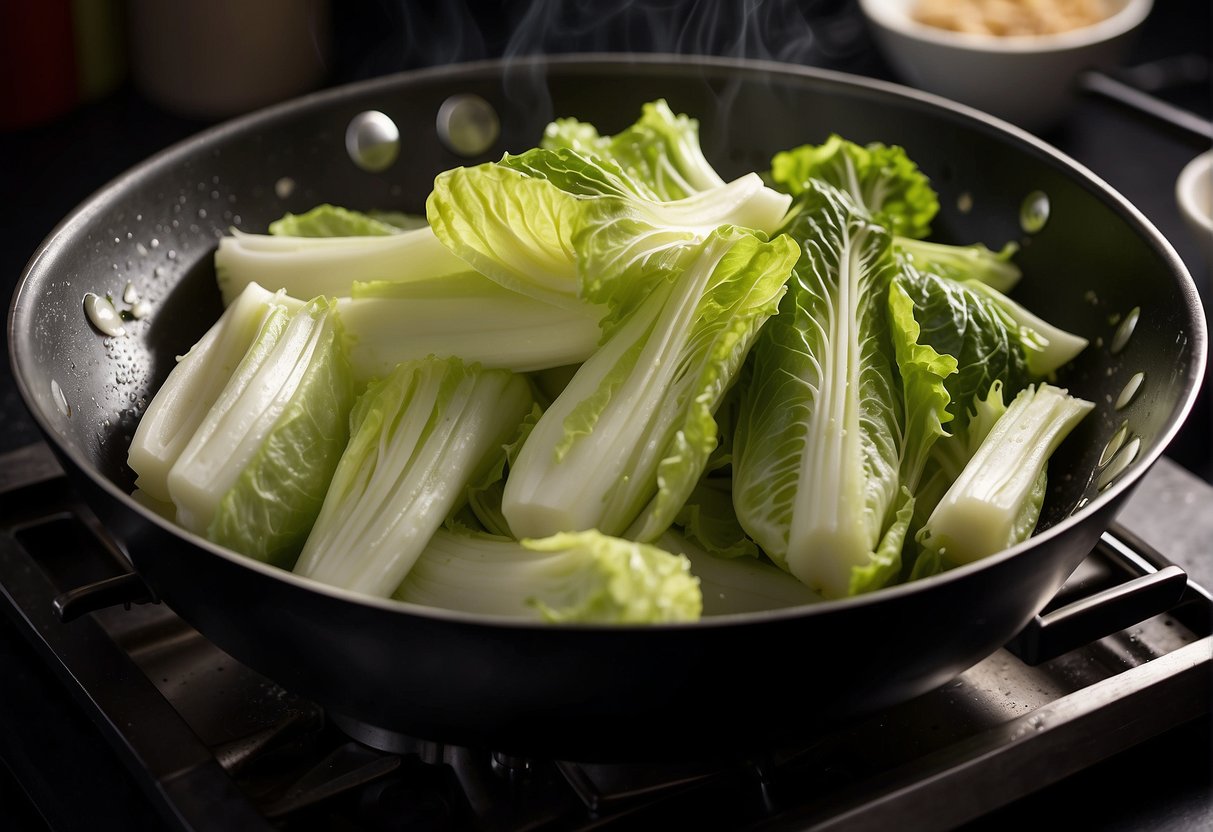 Chinese cabbage being sliced, stir-fried in a wok with garlic and ginger, and then steamed until tender