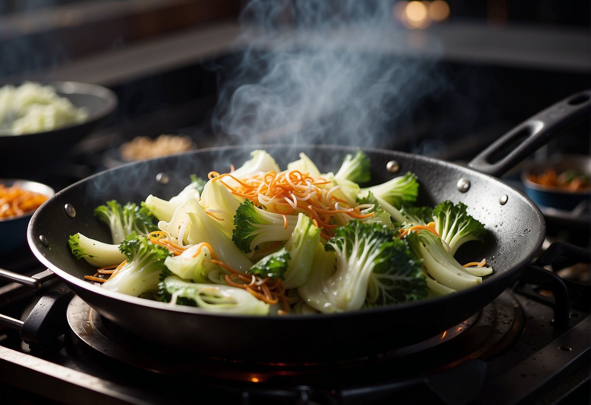 A wok sizzles as Chinese cabbage is stir-fried with garlic and soy sauce. Steam rises as the cabbage softens, filling the air with savory aromas