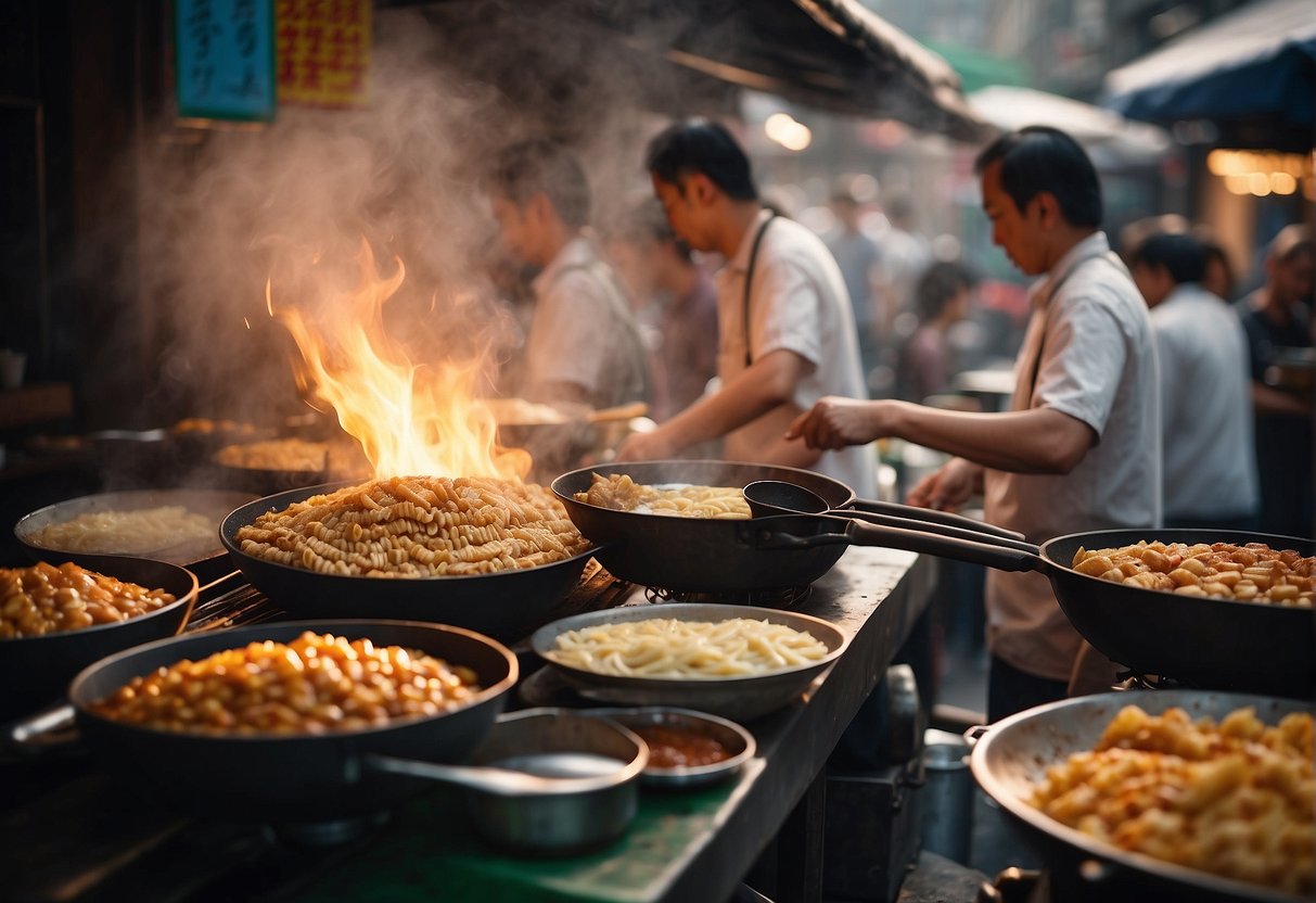 A bustling street market with vendors cooking up sizzling Chinese breakfast dishes like jianbing and youtiao. The aroma of savory and sweet flavors fills the air