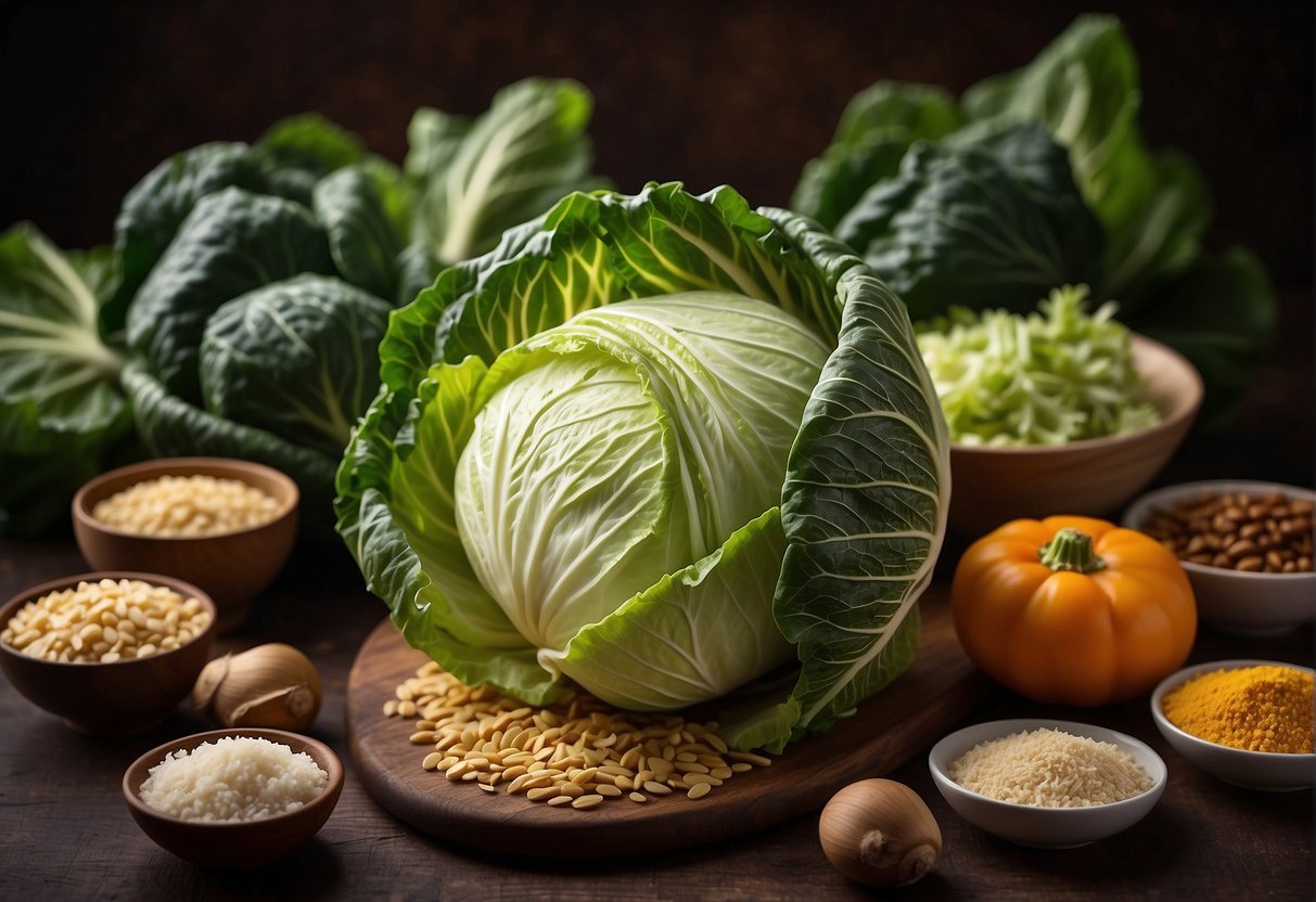 A head of Chinese cabbage surrounded by ingredients, with a recipe card showing nutritional information