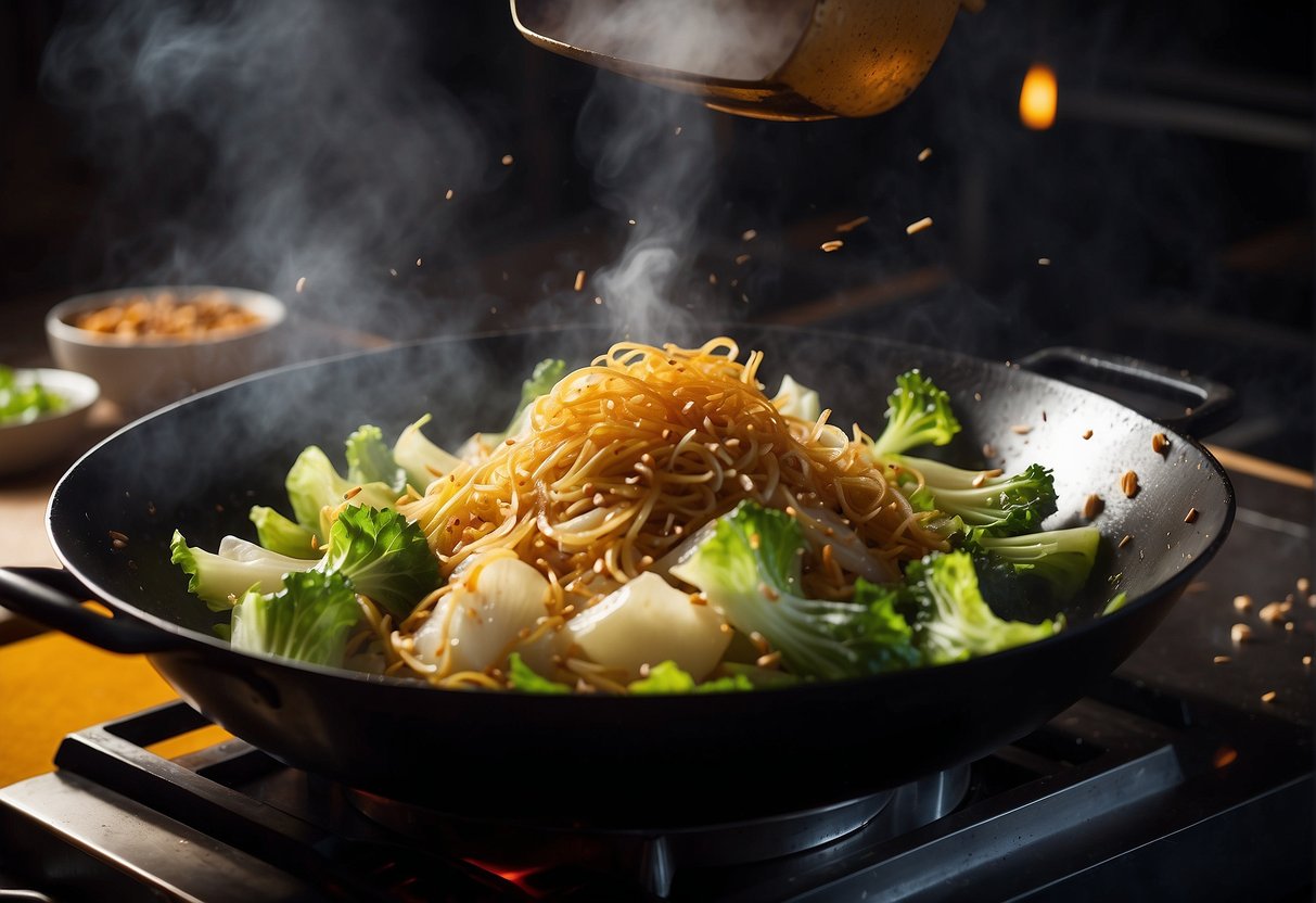 A wok sizzles with stir-fried Chinese cabbage, garlic, and soy sauce. Steam rises as the chef tosses the ingredients