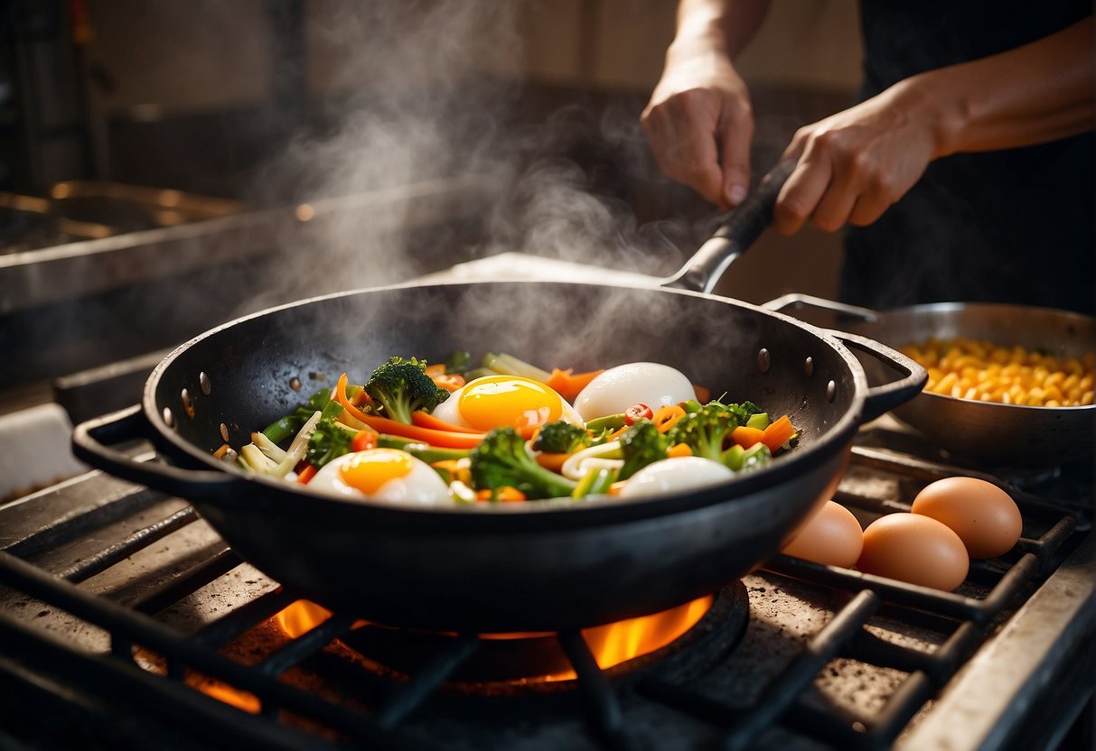 A wok sizzles with eggs and vegetables. A chef adds soy sauce and sesame oil. Steam rises from fluffy steamed buns