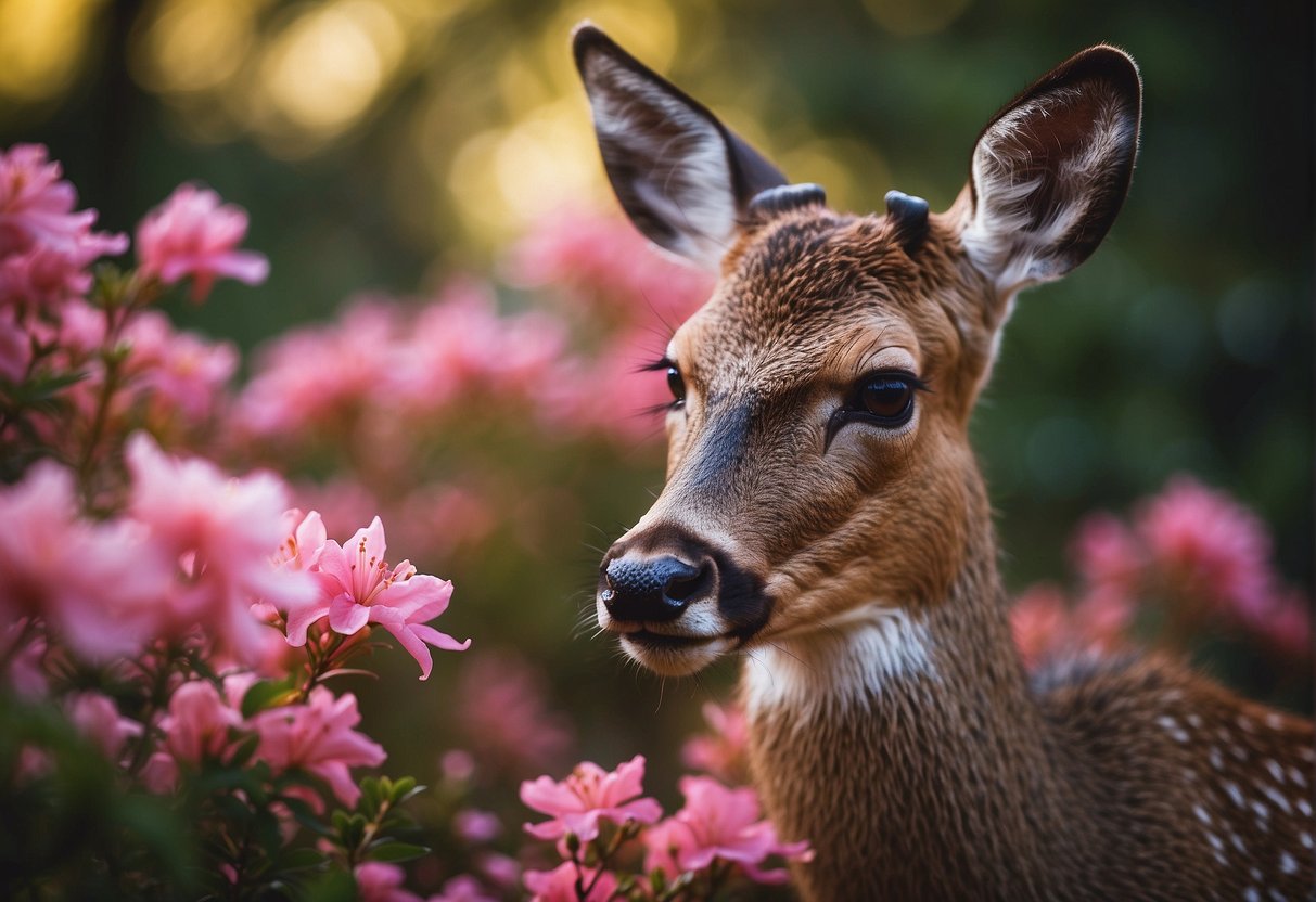 A deer nibbles on vibrant azalea blooms in a peaceful garden setting