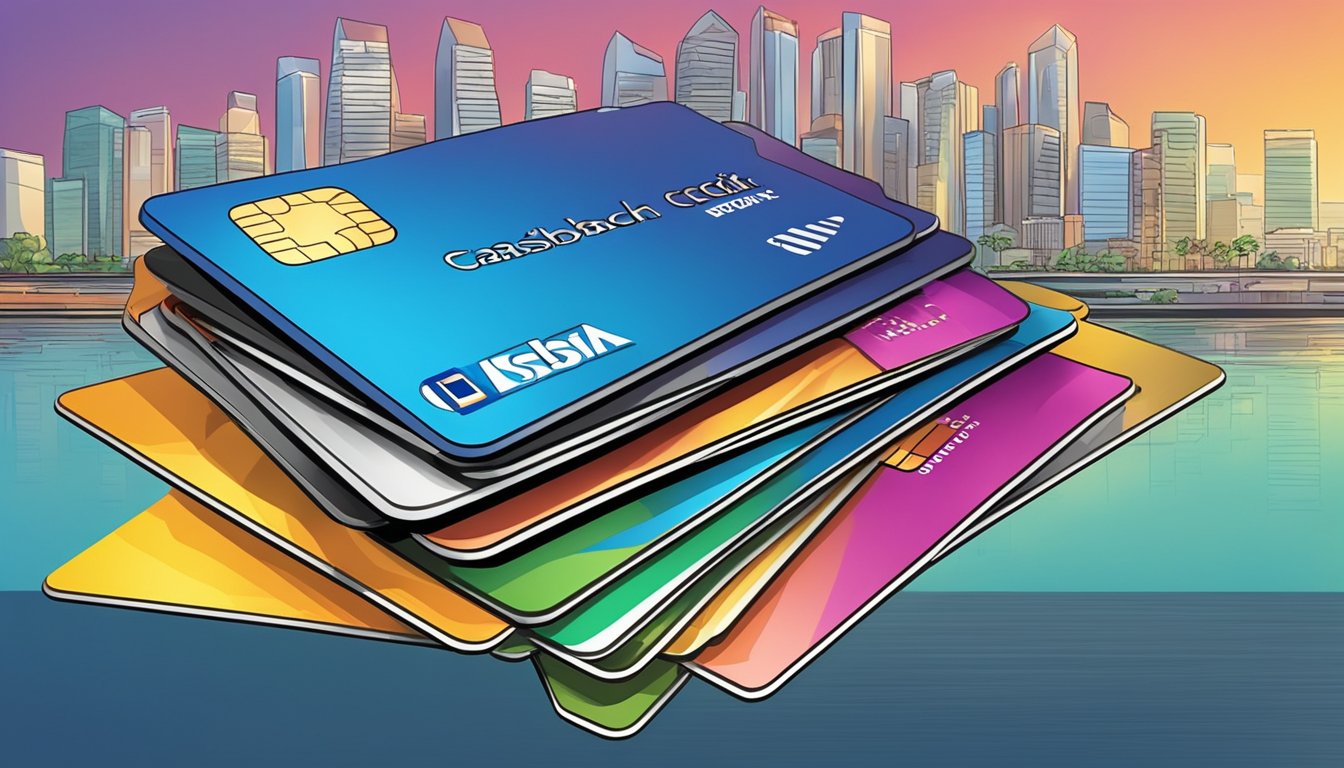 A stack of colorful credit cards with "Cashback" prominently displayed, surrounded by dollar signs and a Singaporean skyline in the background
